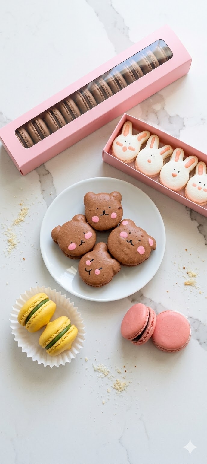A selection of Happy Macarons — bear-shaped, bunny-shaped, and classic round macarons in beautiful pink packaging